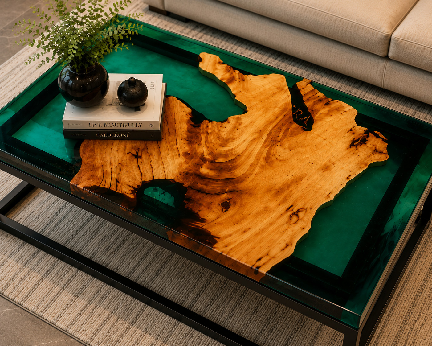 Green Epoxy Resin Coffee Table | Live Edge Wood Coffee Table | Living Room Table
