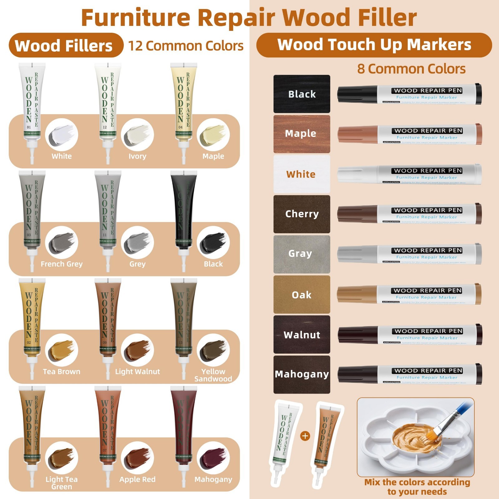 Wood Furniture Repair Kit – 12 Color Fillers & 8 Touch-Up Markers – Fix Scratche