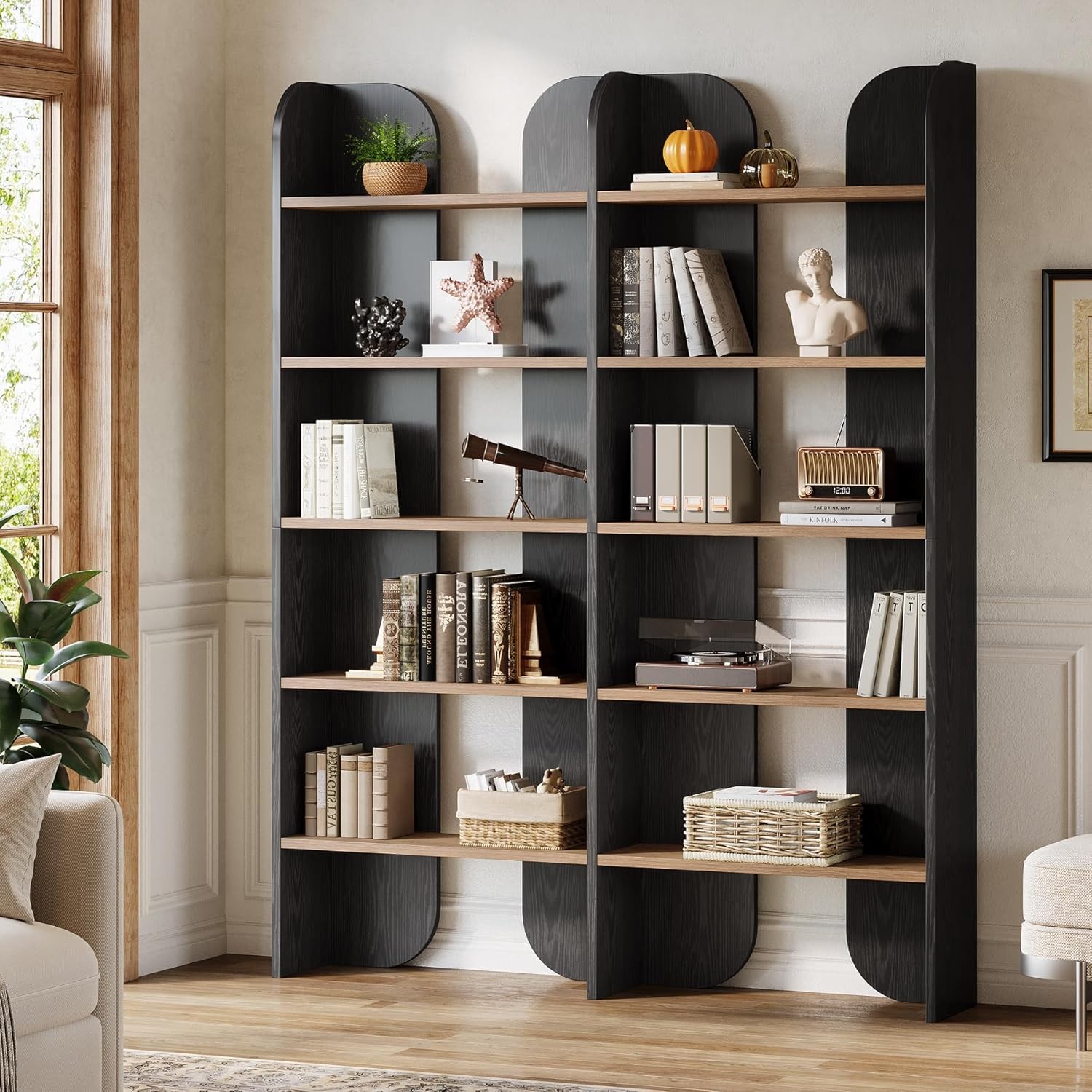 5-Tier Farmhouse Bookshelf, 70.87” Tall Double Wide Bookcase with Open Shelves