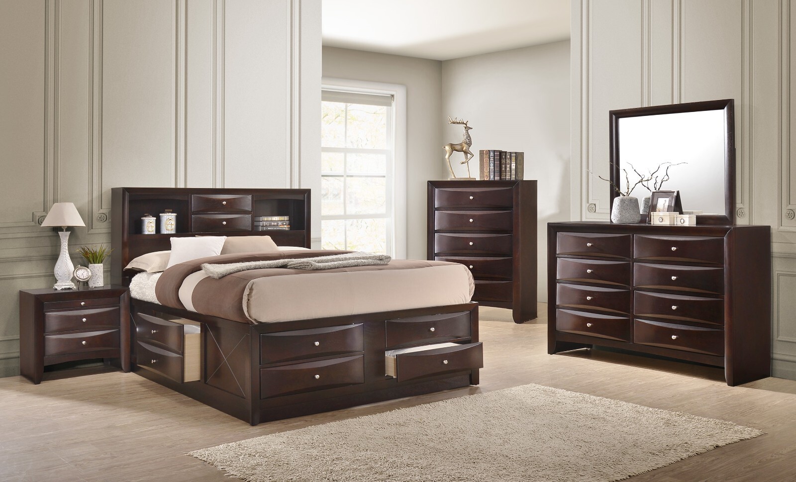 Contemporary Style 6Pc Queen Size Bed Dresser Mirror Nightstand and Chest Set