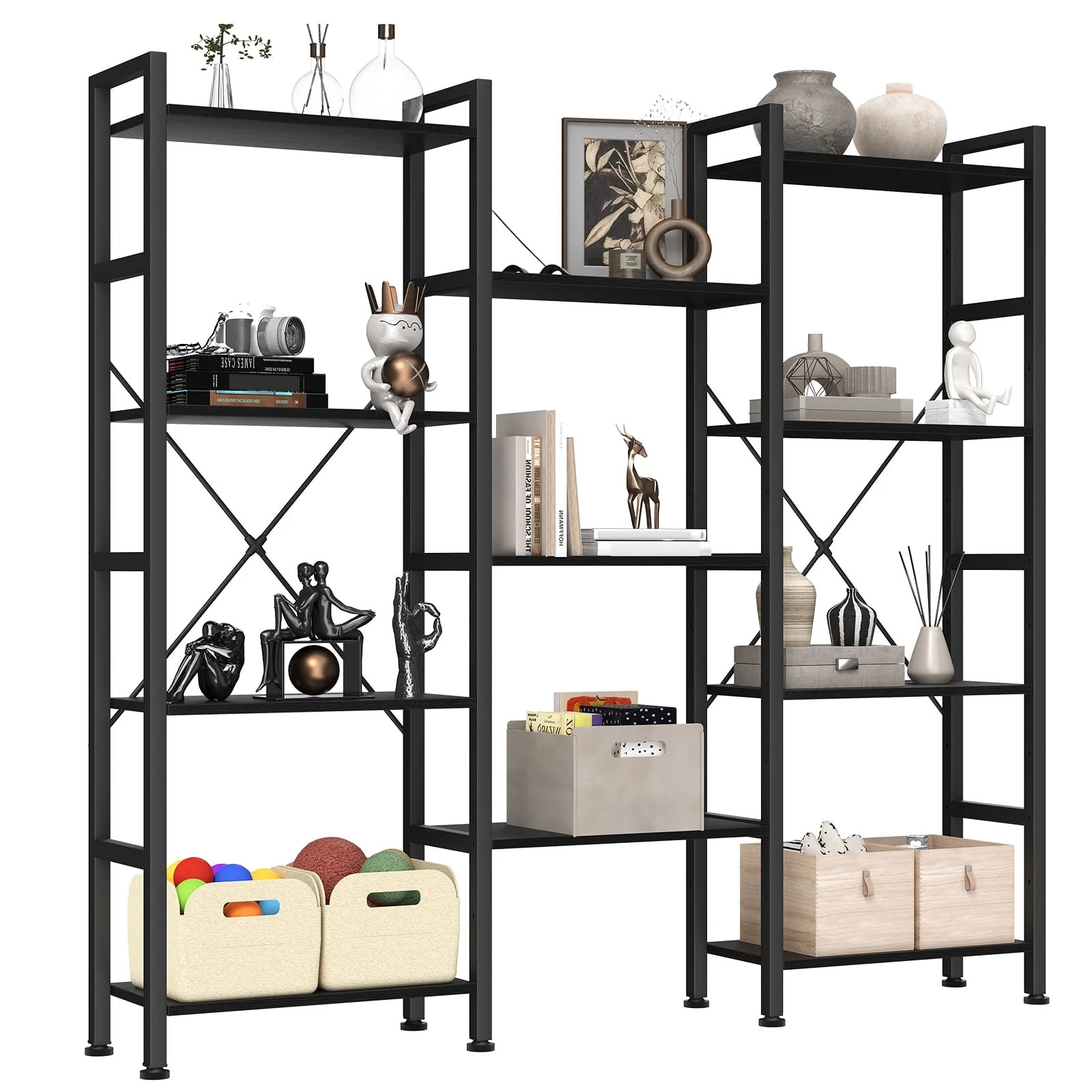 Triple 4-Tier Bookshelf with 11 Open Display Shelves, Adjustable Storage