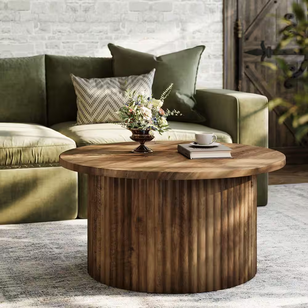 Allan 31.5 In. Brown round Wood Coffee Table with Fluted Drum Base, Modern Woode