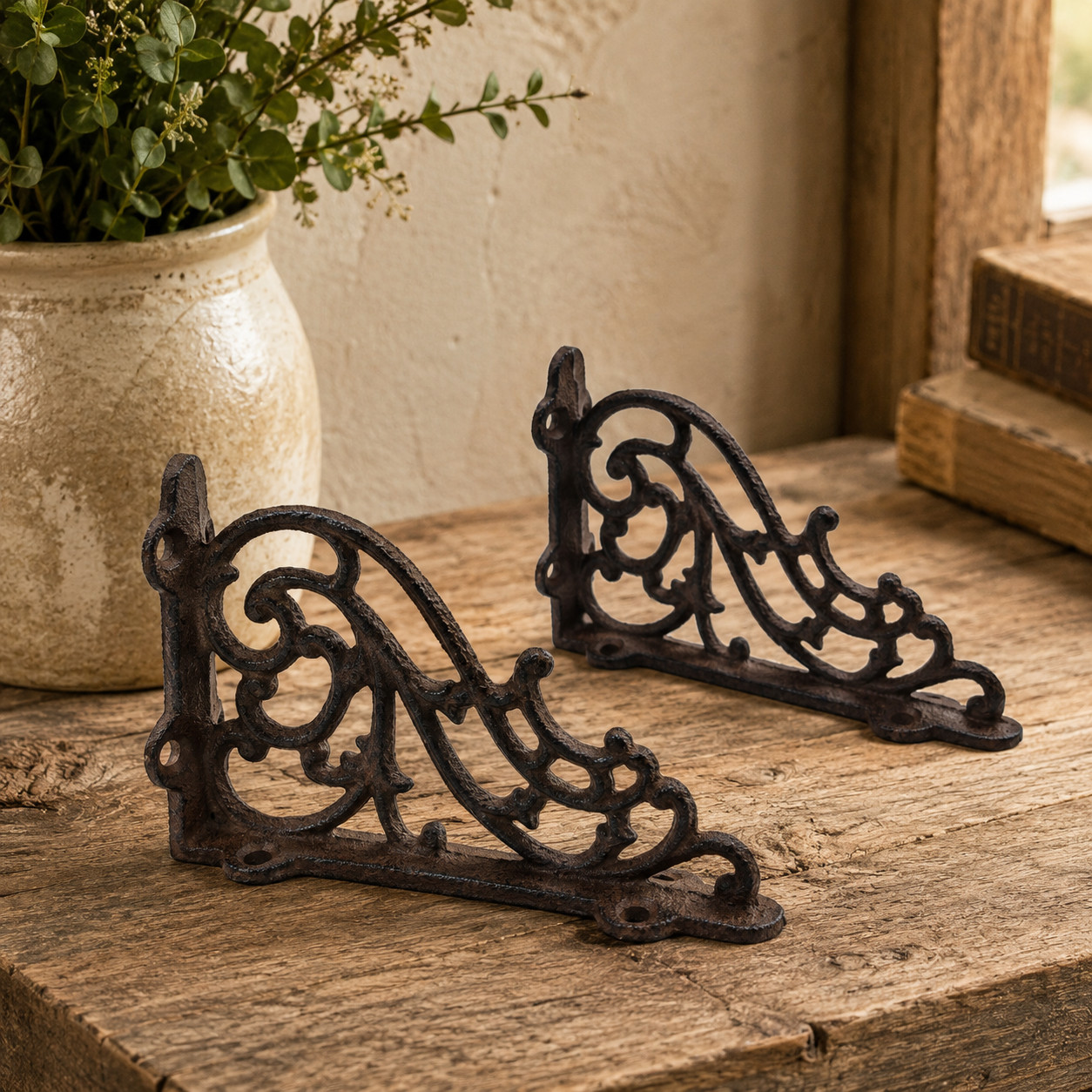 2 Cast Iron Shelf Brackets Scroll Antique Rustic Small Wall Braces