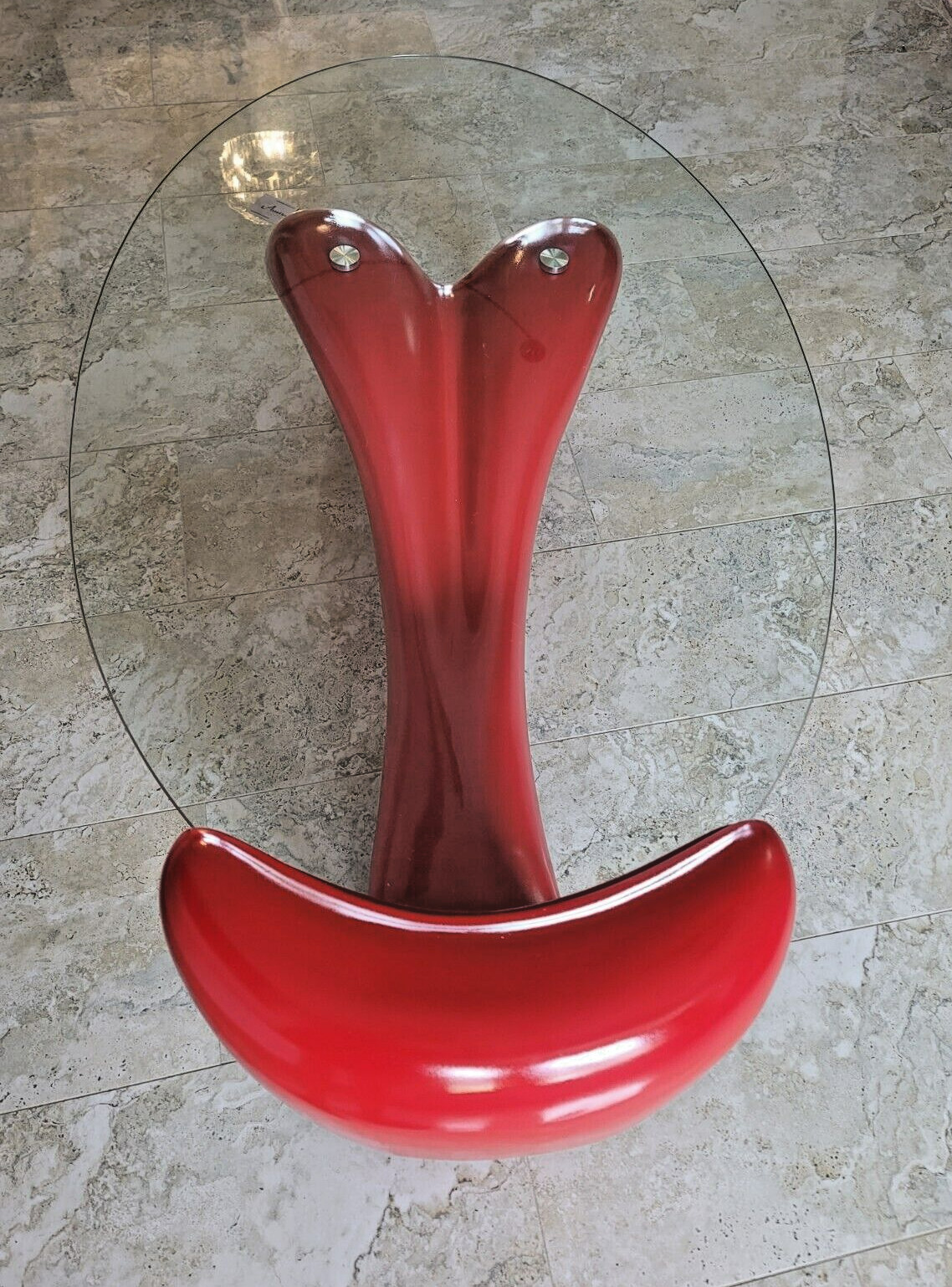 Modern Red Coffee Table Free Form Forked Lacquered Tempered Glass Curved Unique