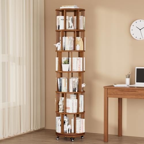 Rotating Bookshelf Towers Solid Wood Revolving Bookcase 6 6Tier-78in Walnut