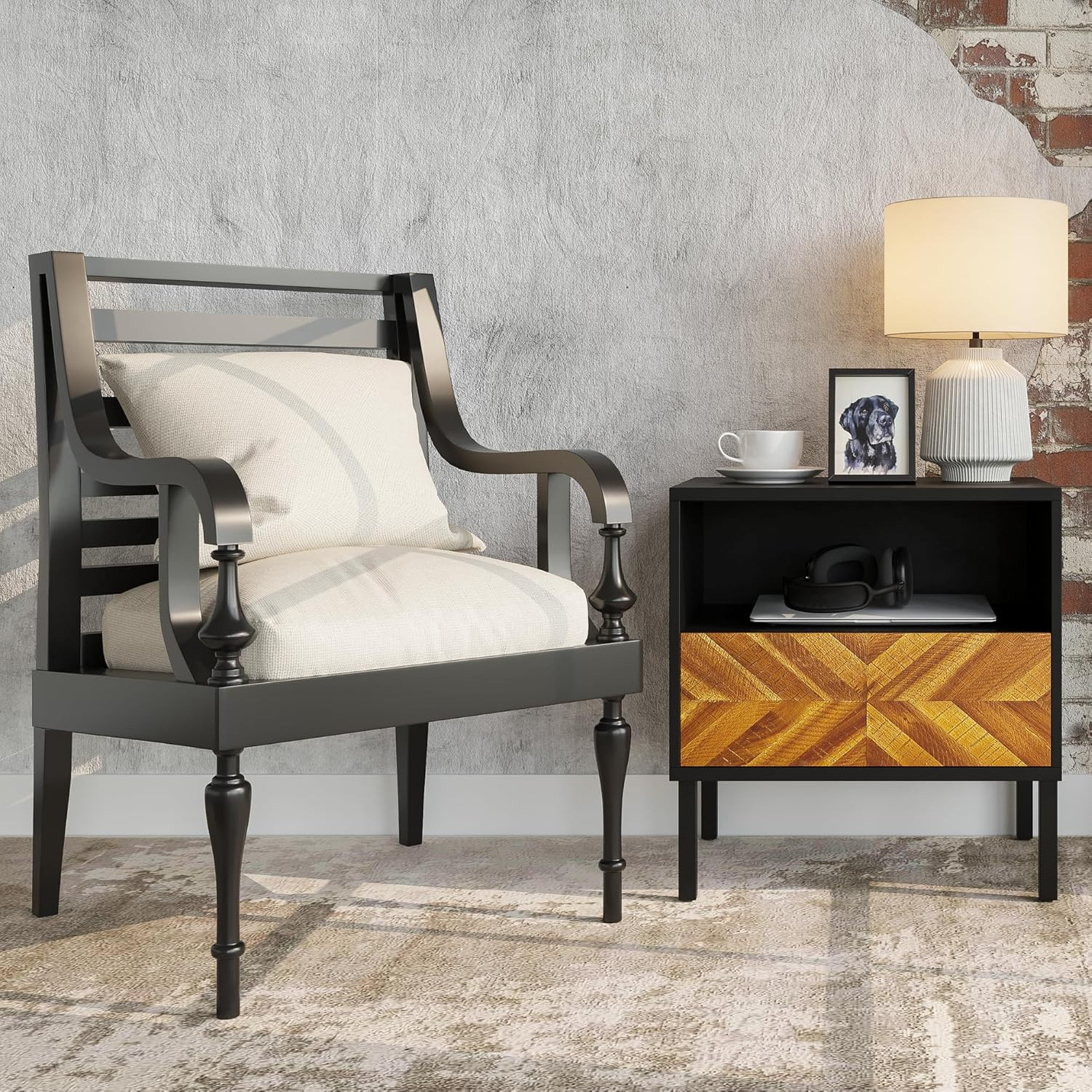 Rustic Herringbone Wood Nightstand – Easy Assembly, Golden Brown & Black Finish