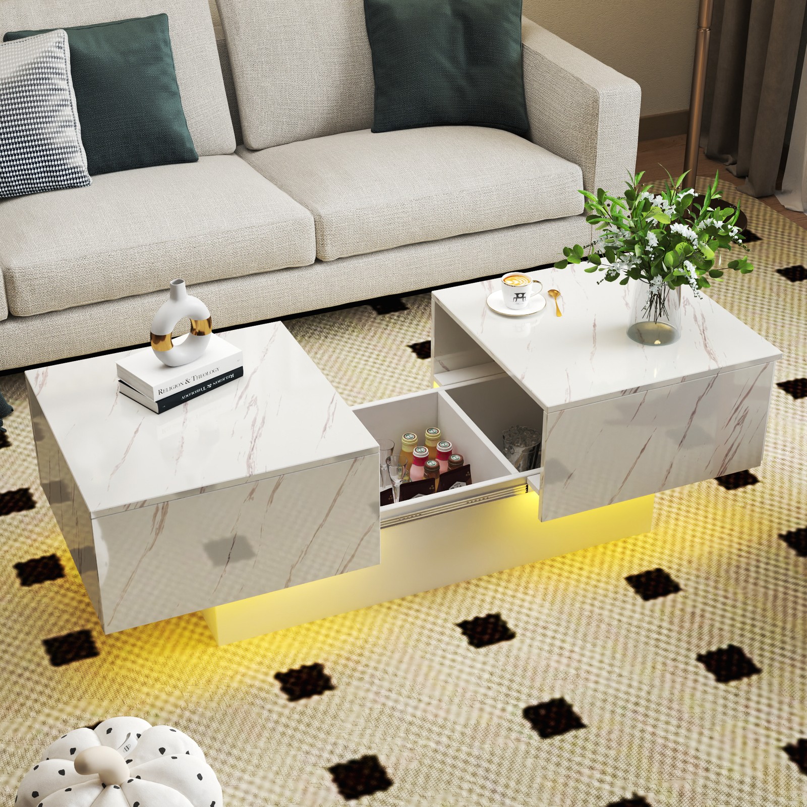 Extendable Coffee Table with Sliding Top & Hidden Storage, White