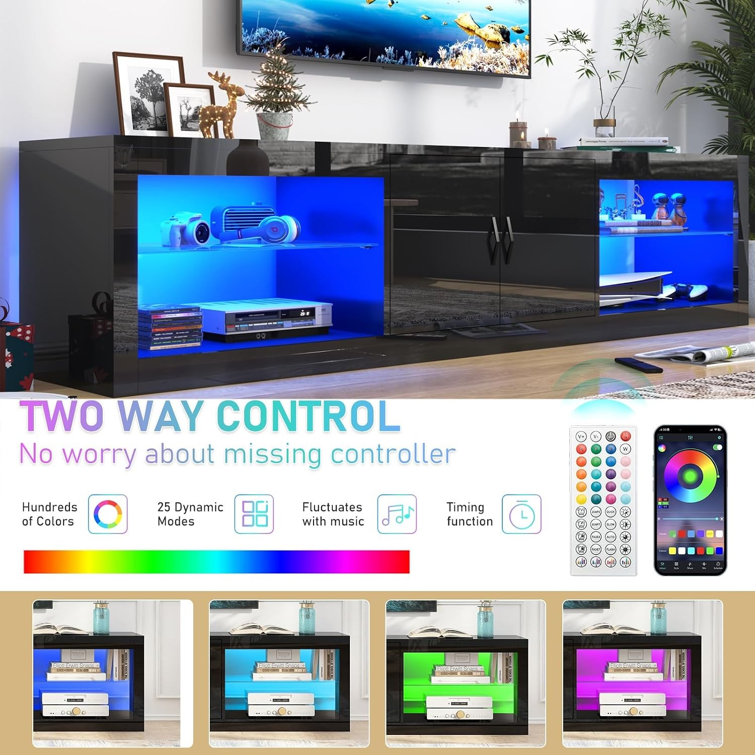 70 Inch Led TV Stand for 80/75 Inch TV, Modern Black Entertainment Center with