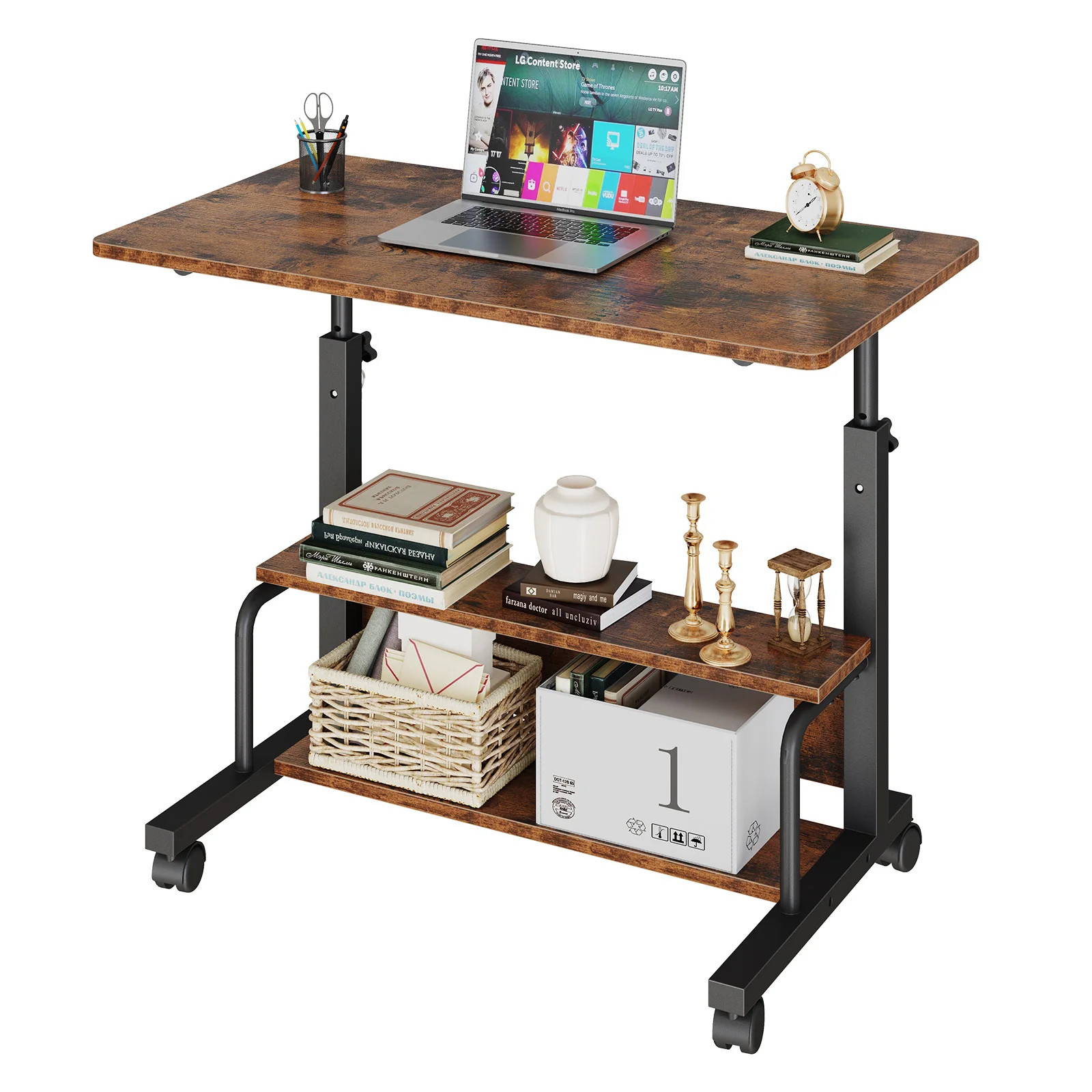 Rolling Laptop Desk Adjustable Height Computer Table Stand up Office Workstation