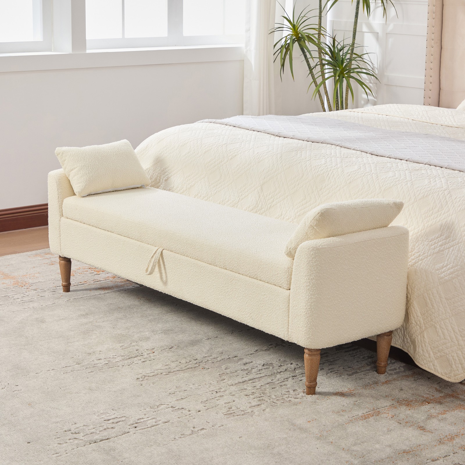 Upholstered Boucle Fabric Storage Bench Daybed With Armrest & Pillows, 65.94″