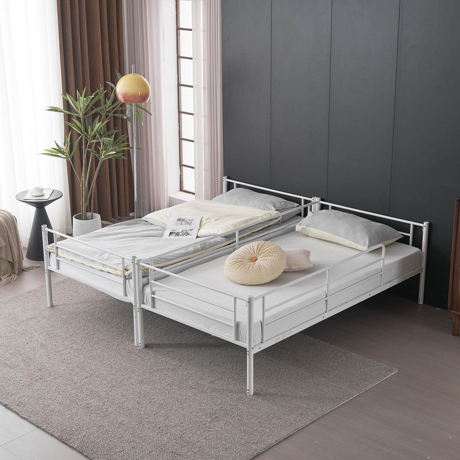Twin Over Twin Convertible Bunk Bed with 2 Storage Drawers, Metal Bunk Bed White