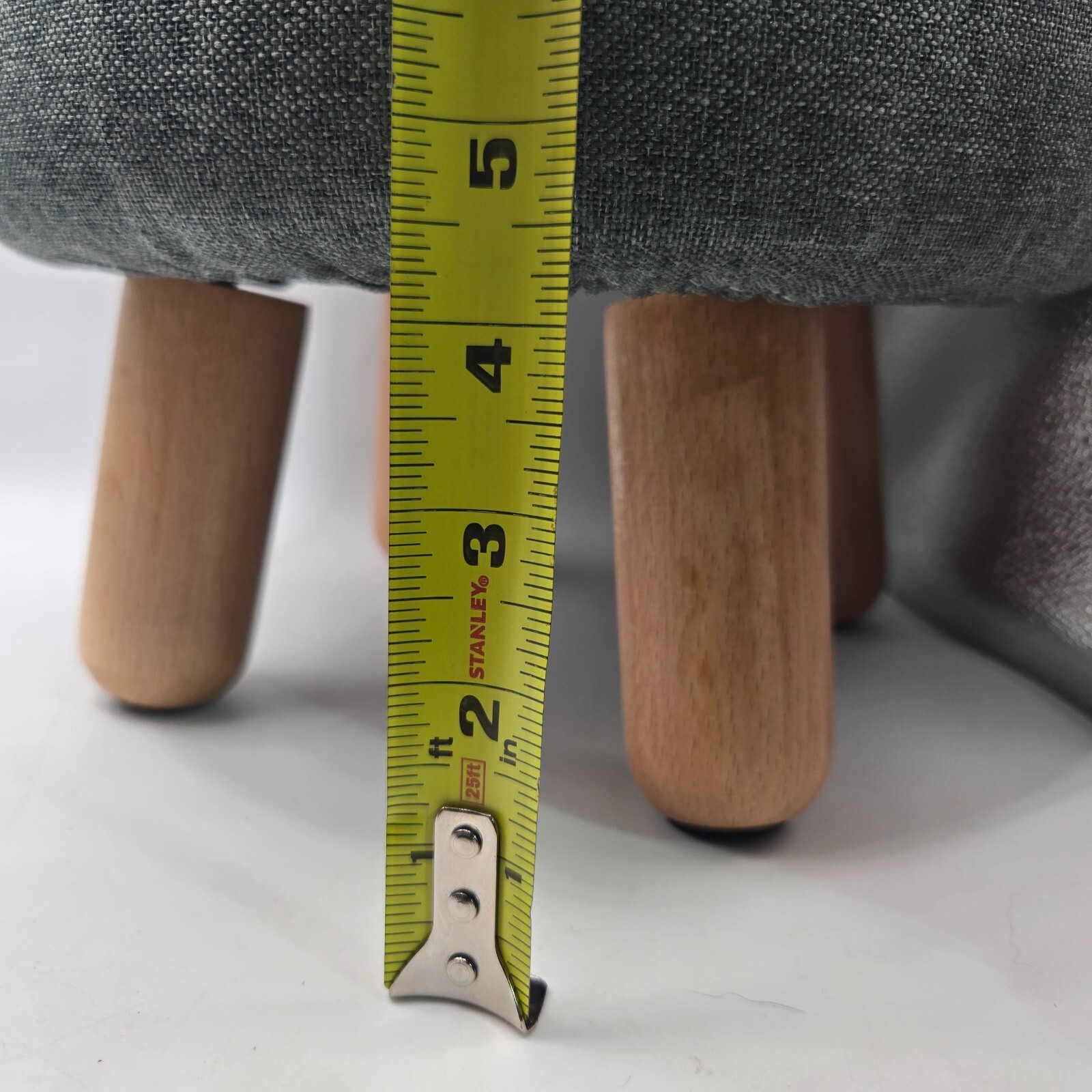 Linen Fabric Round Padded Ottoman Foot Rest Stool Gray w/ Wood Legs Stool