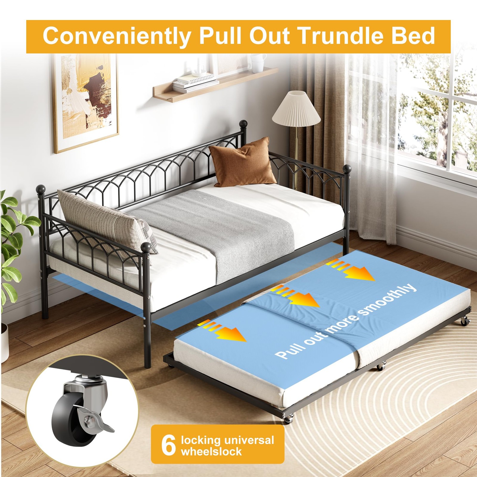 Twin Size Daybed Sofa Bed Frame with Metal Steel Slat Support Space Saving
