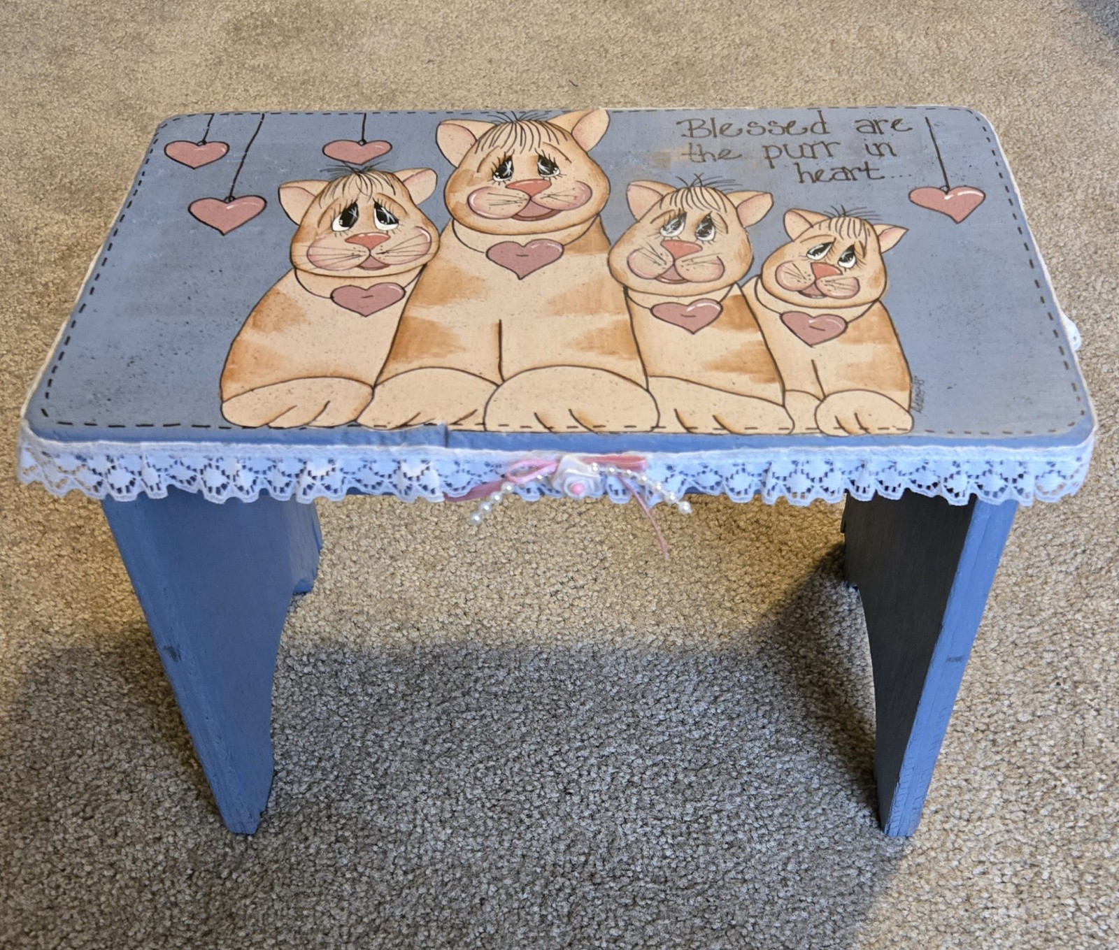 Vintage Painted Wood Bench w/Cats & Hearts “Blessed are the purr in heart…” 🩷