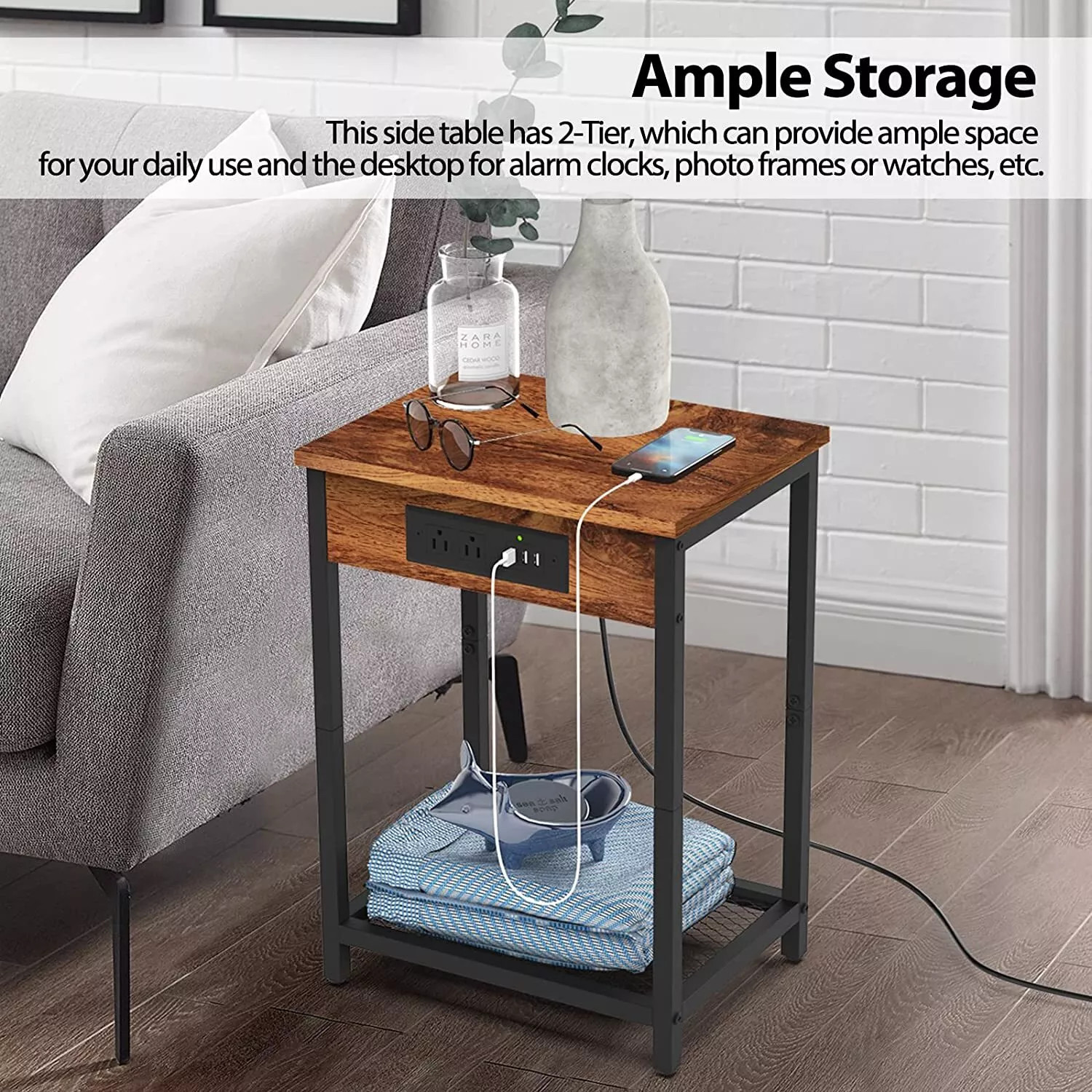 CADUKE 2PACK 2-TIER HEAVY DUTY NIGHTSTAND CHARGING STATION USB PORT – BROWN