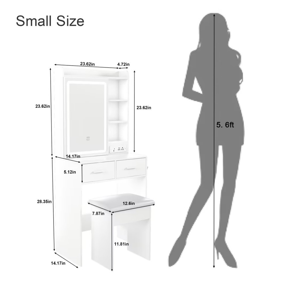 Space-Saving Vanity Table LED Mirror Built-in Power Outlet with Cushioned Stool