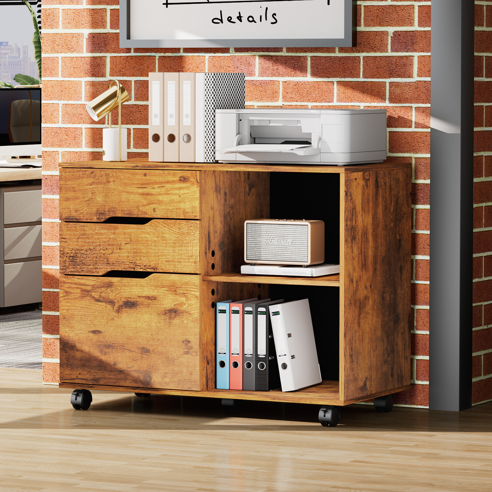 HOMEFLA Rolling Wooden Printer Stand Under Desk Storage Organizer with 3 Drawers