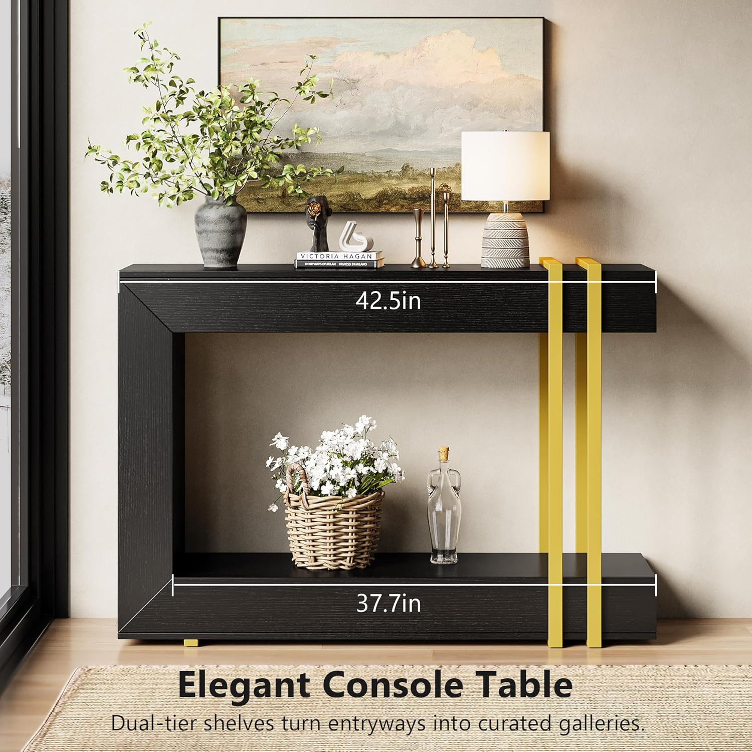 42.5″ Black Console Table, 2-Tier Narrow Entryway Table for Living Room/Foyer