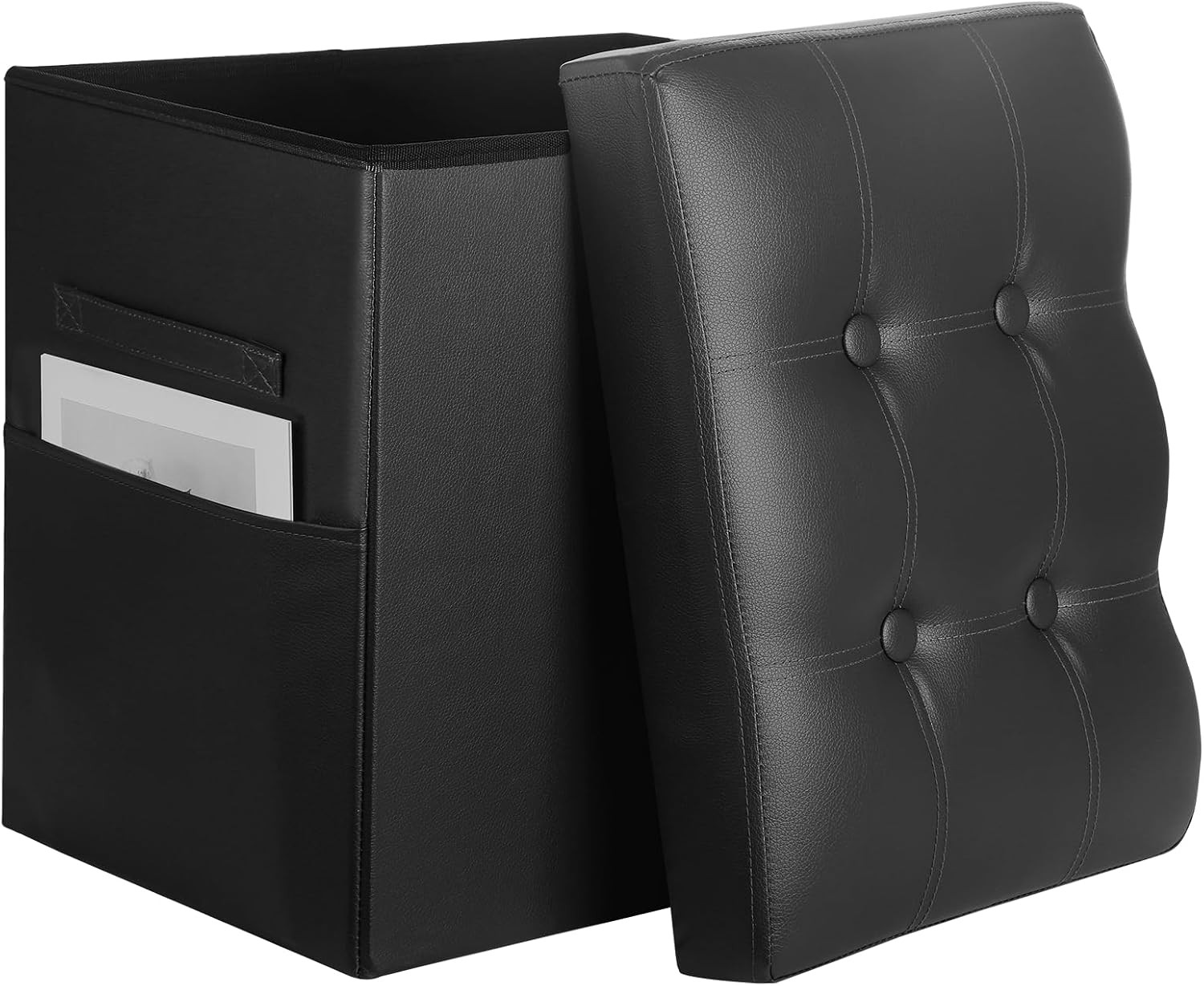 Storage Ottoman Foot Rest Stool with Thicker Foam Padded Seat. Slim Tall Folding
