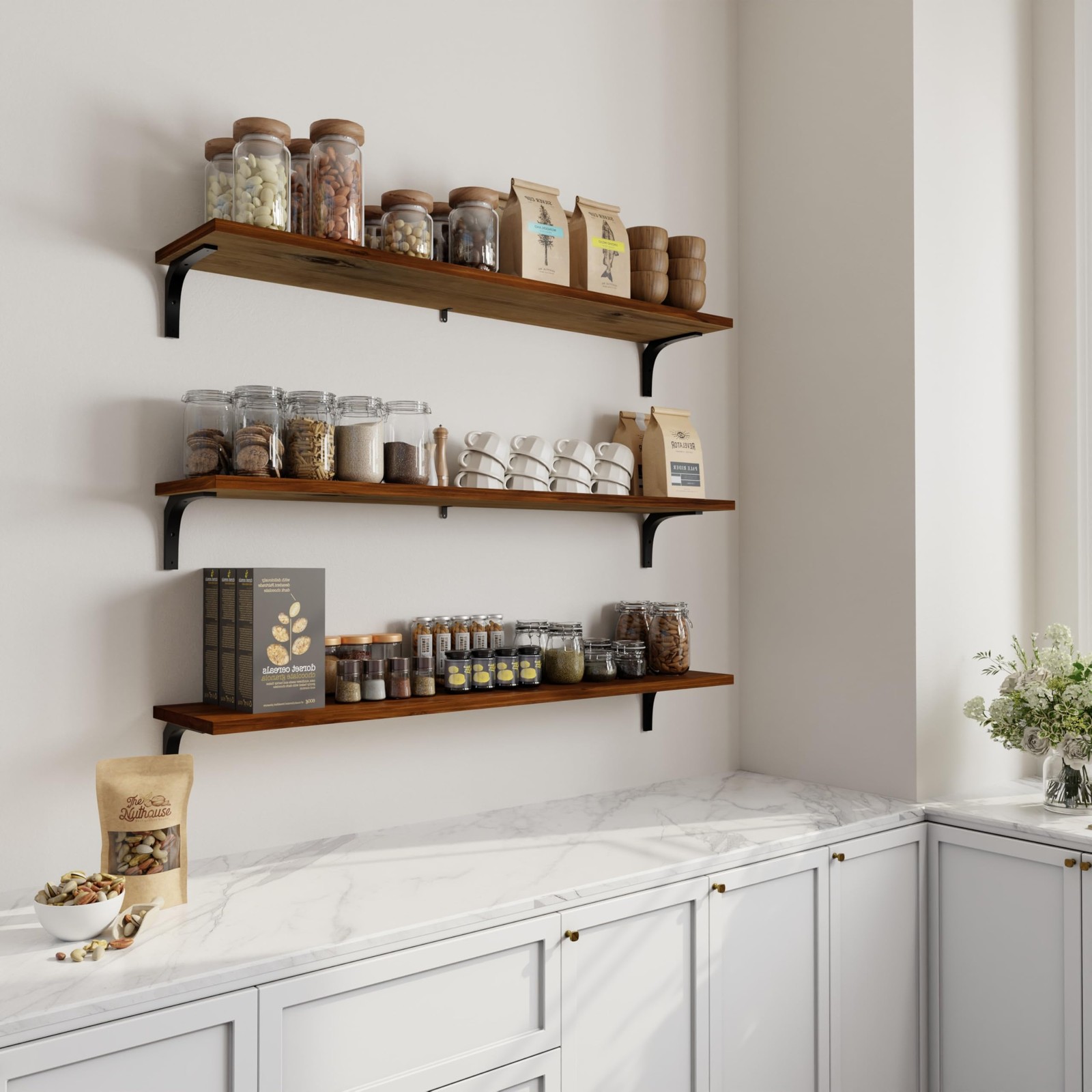 12 Inch Deep Floating Shelves Set of 3, 48 Inch Extra Wide Rustic Walnut Soli…