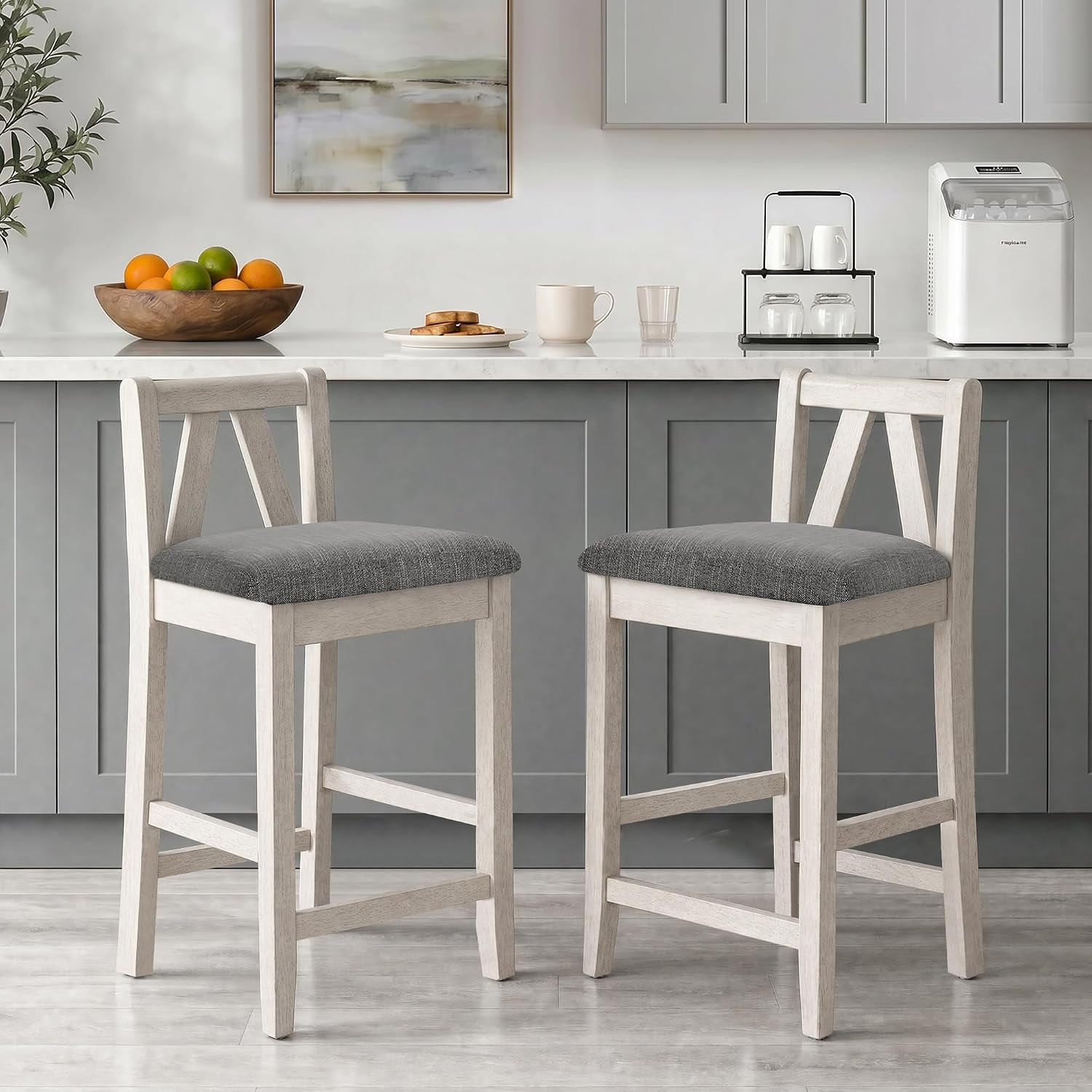 Set of 2 Grey Counter Height Bar Stools with Cushioned Seat for Kitchen Island