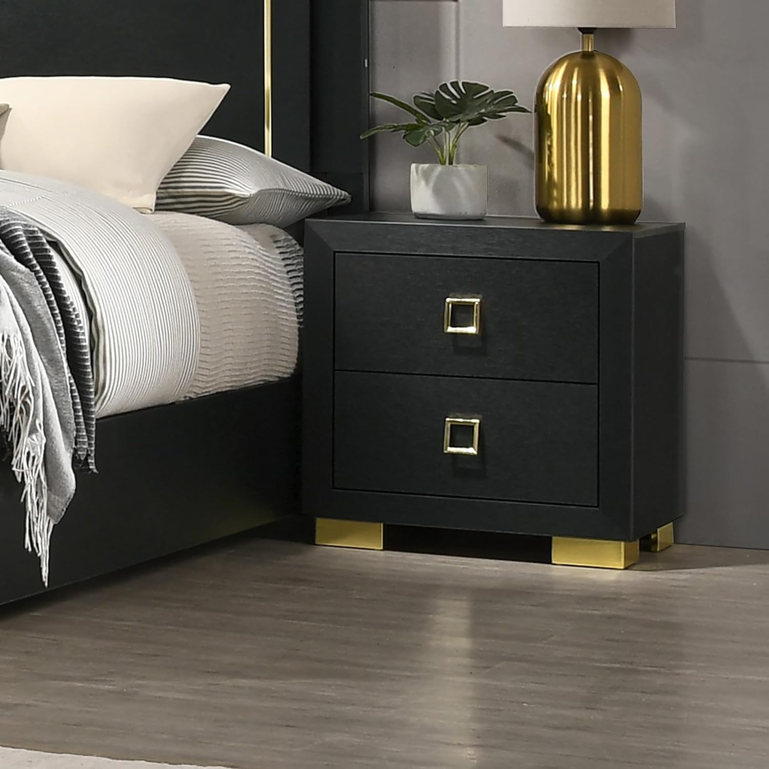 Sleek 24-Inch Black Nightstand with Gold Trim – Easy Assembly Included