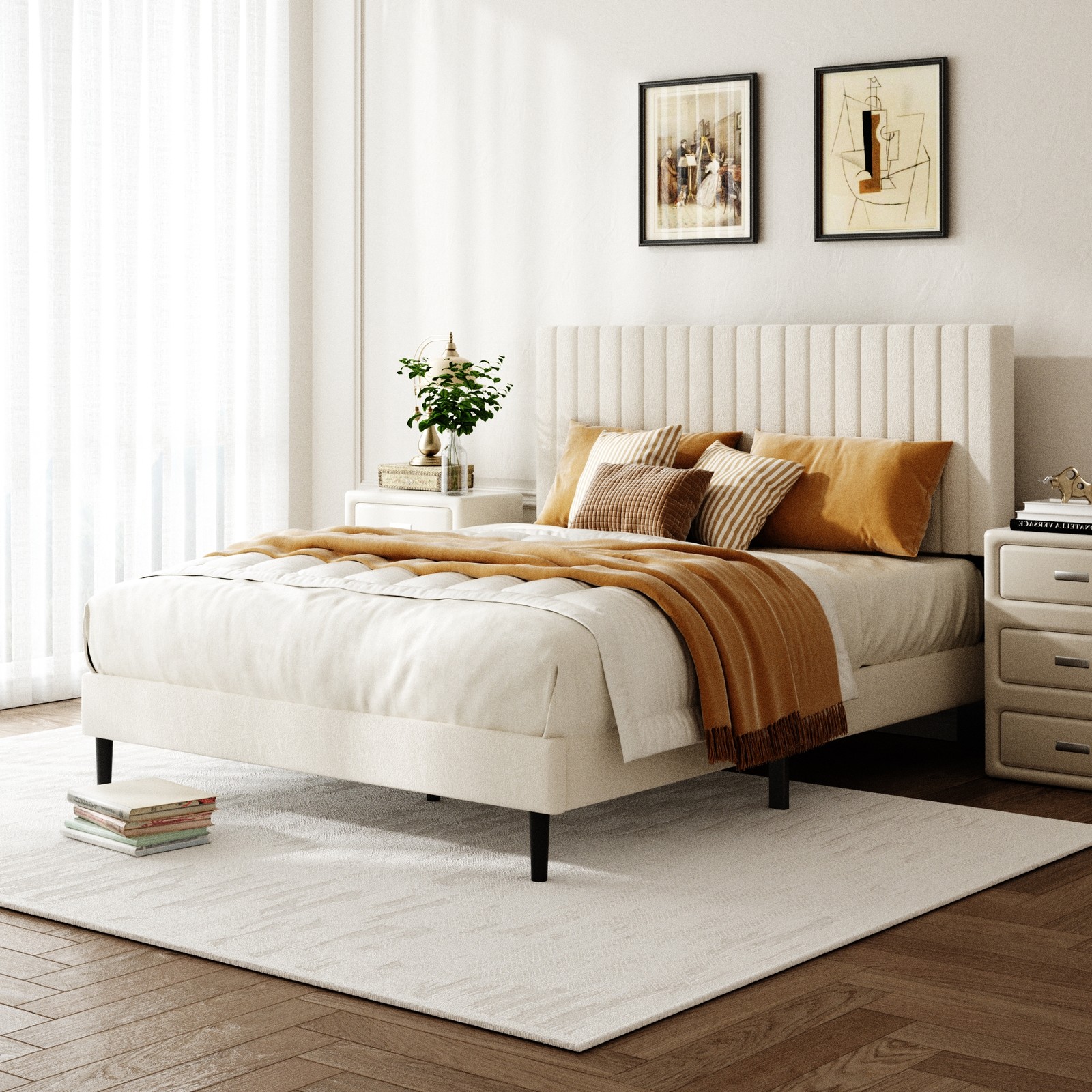 Queen Velvet Upholstered Platform Bed Frame w/ Adjustable Headboard