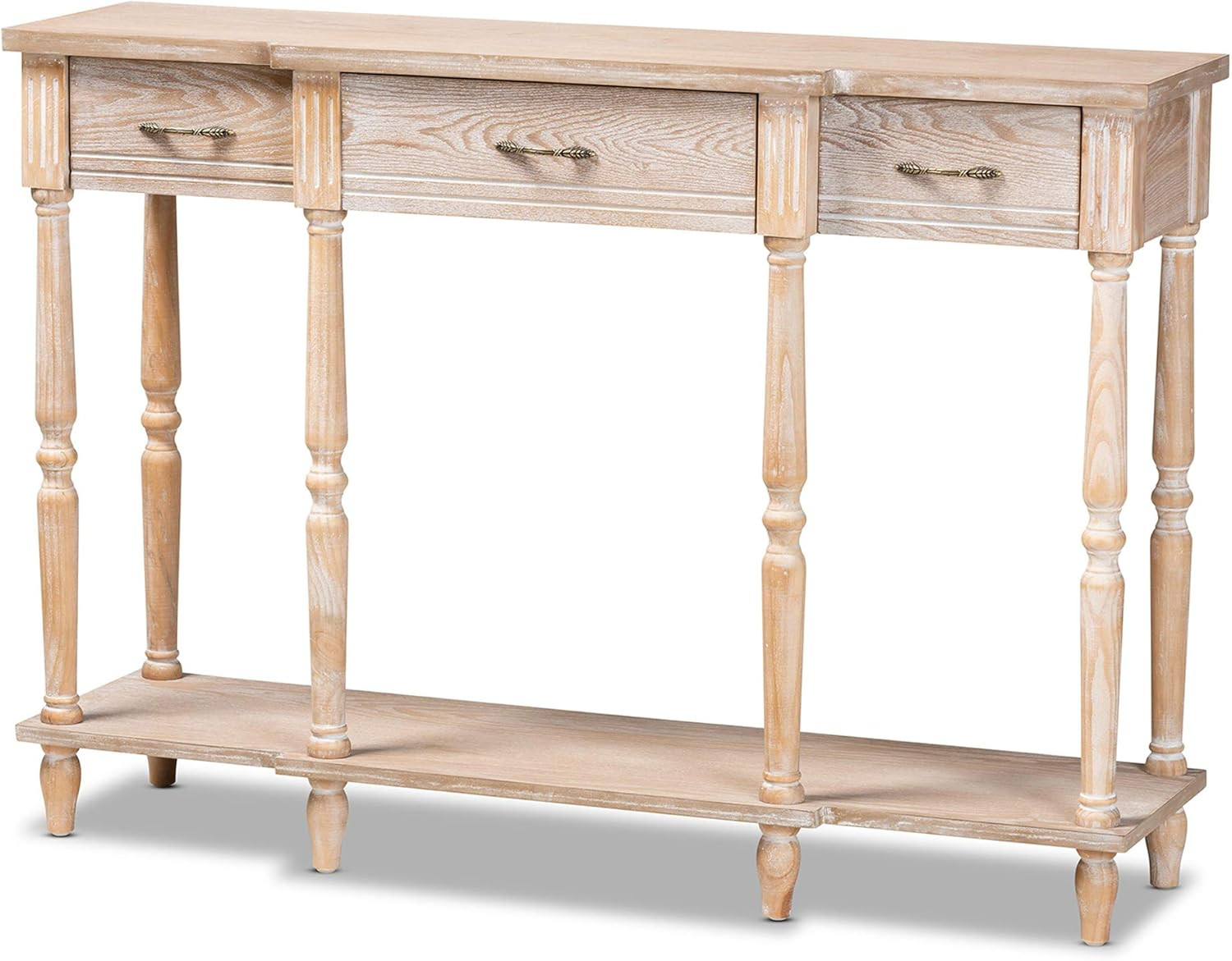 Rustic Whitewashed Oak 3-Drawer Console Table by