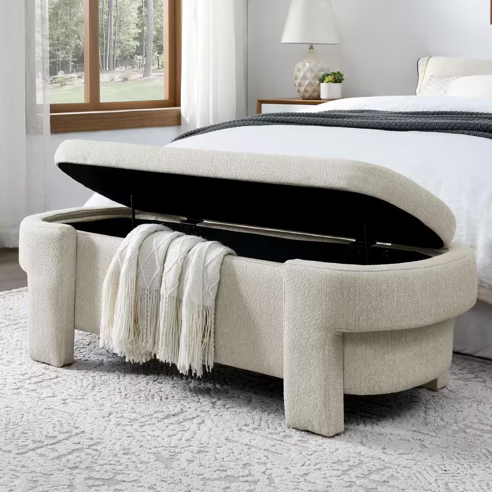 51.5 In. Beige Linen Upholstered Storage Bedroom Bench with Large Hidden Compart