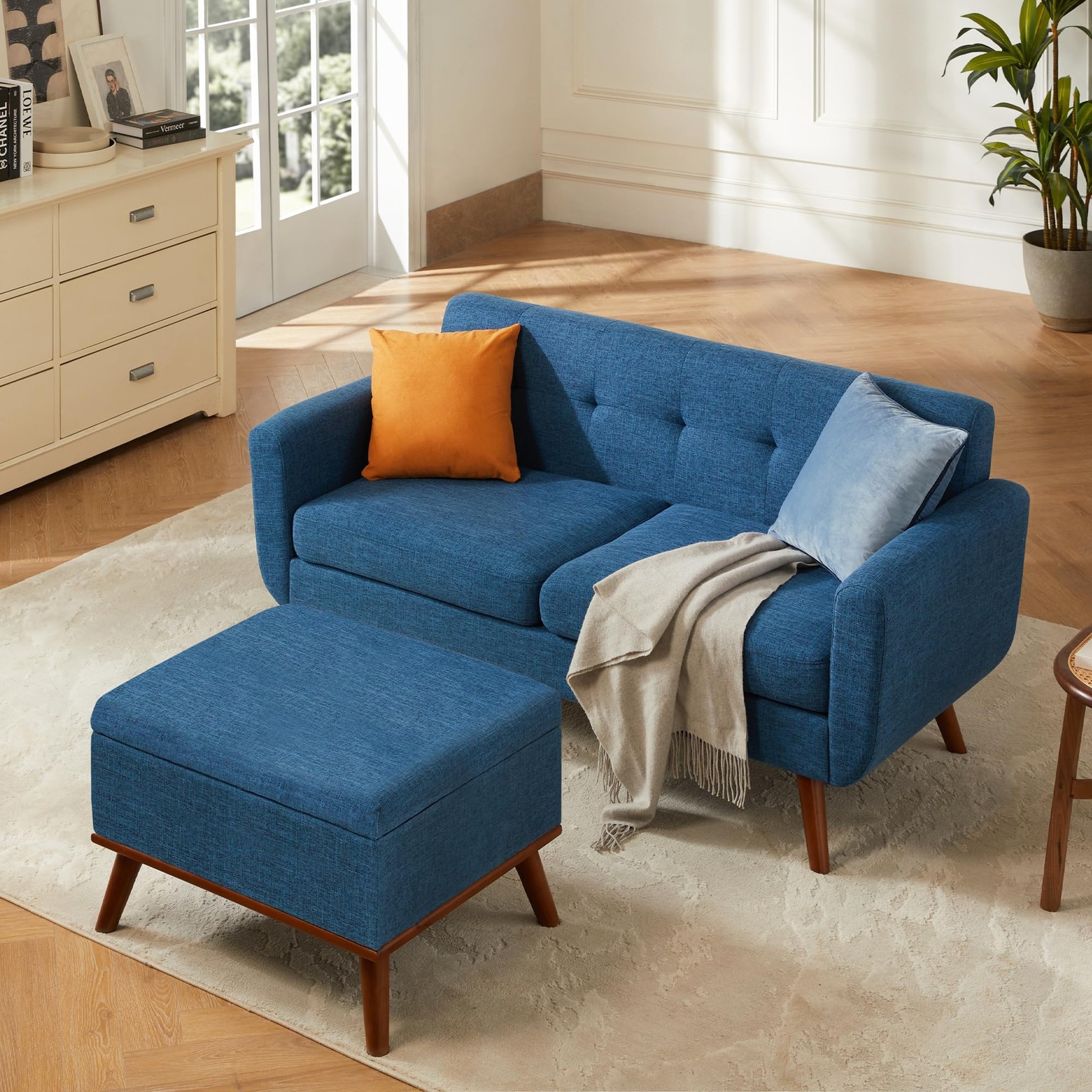 65 W Tufted Loveseat Sofa with Ottoman Coffee Table Mid Century Modern Blue