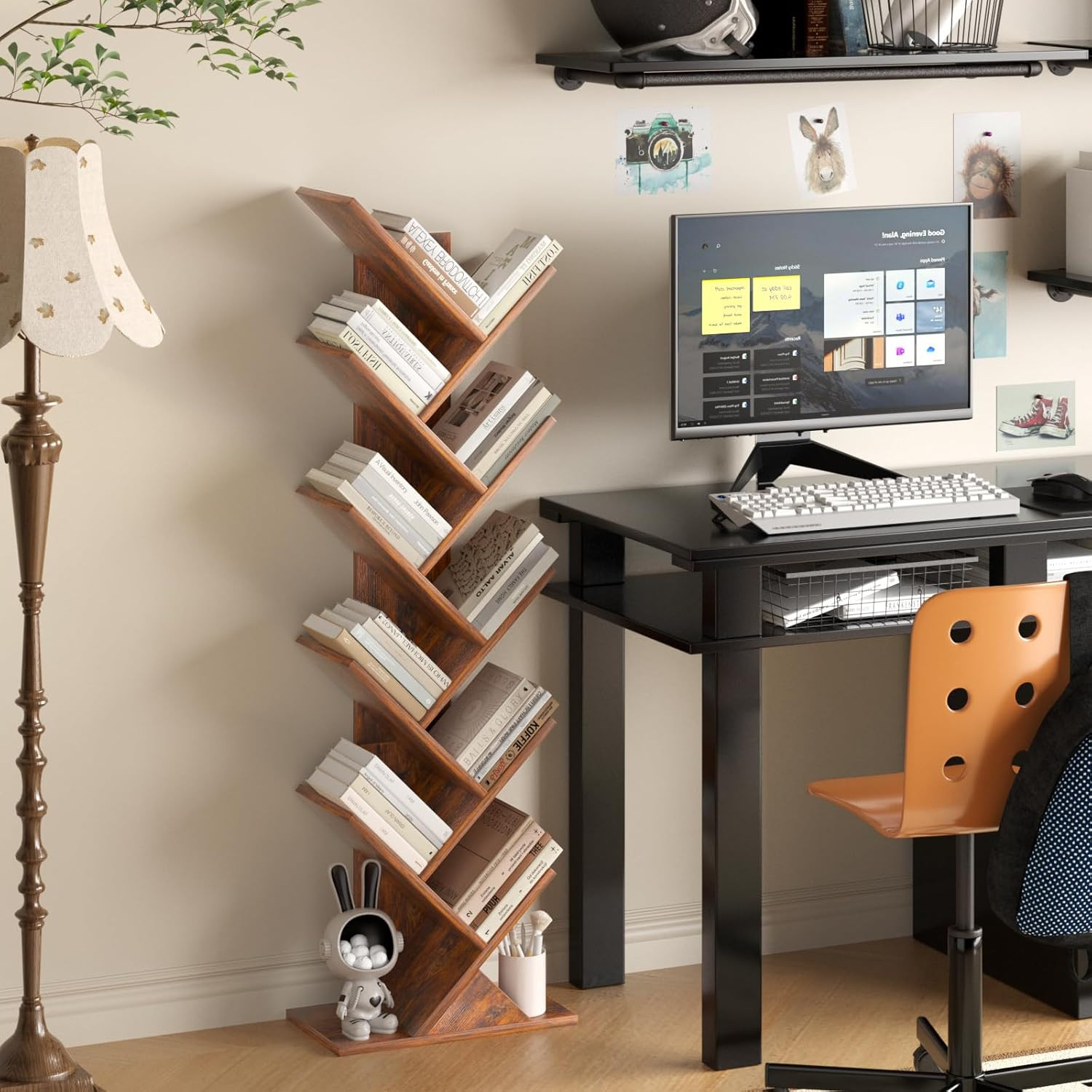 Retro Brown 10-Tier Tree Book Shelf, Perfect for Narrow Living Spaces & Offices