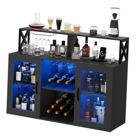 Black Wine Bar Cabinet – Freestanding Liquor Cabinet 47.24×15.75×35.83 Inches