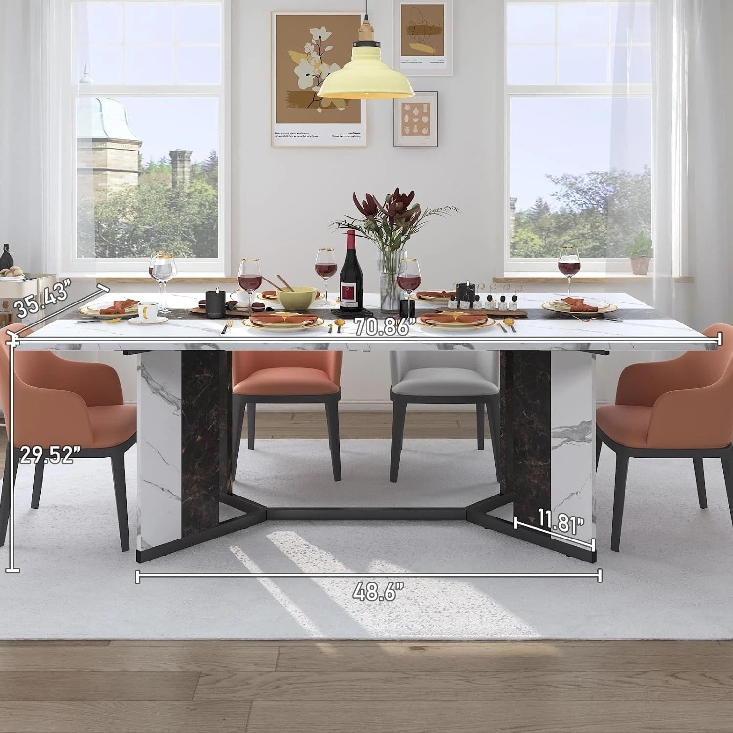 6 ft Large Modern Rectangular Dining Table for 6-8 People White Faux Marble Fin