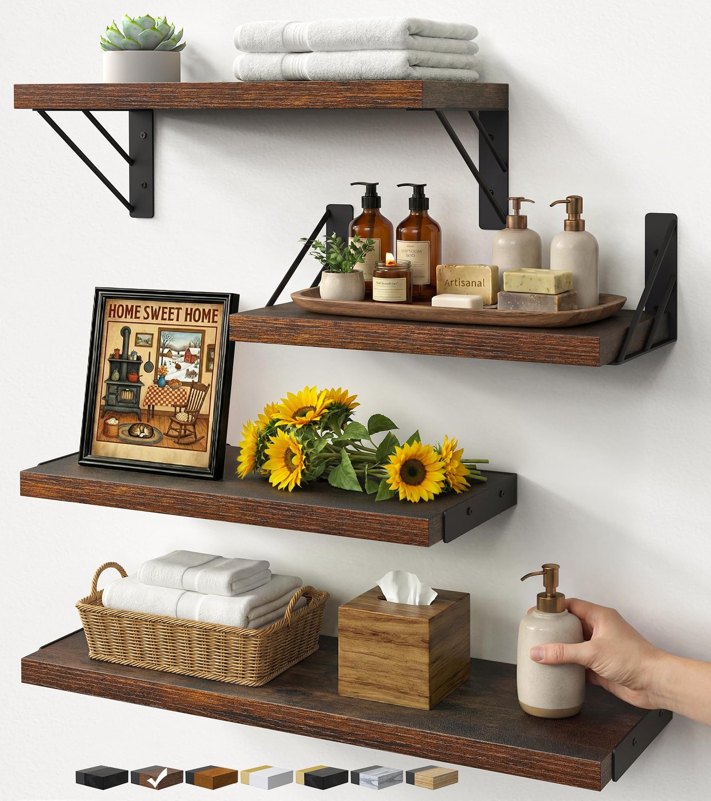 4 PCS Rustic Brown Mounted Wood Floating Wall Shelves Kids Book Organizer