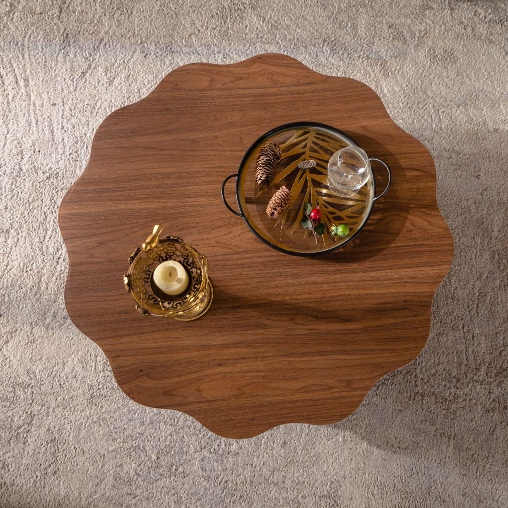 31.5″ Scalloped Edge Coffee Table – Walnut MDF Wood Grain Sticker Center Table