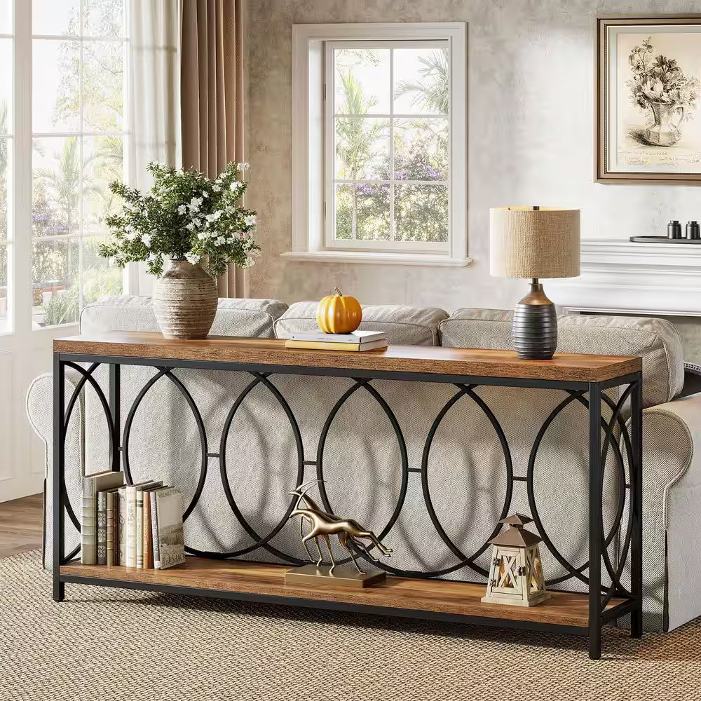 Turrella 70.9 In. Brown and Black Entryway Table, Industrial Rectangle Wood Cons