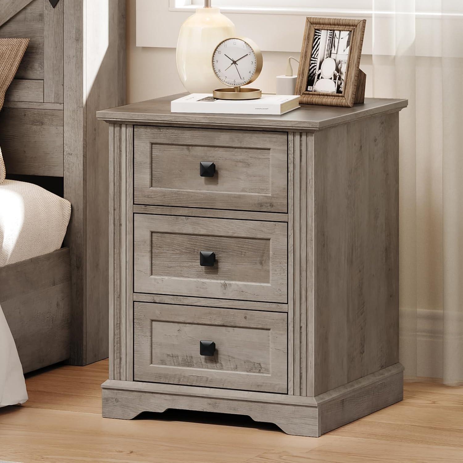 Farmhouse Nightstand with 3 Drawers & Charging Station, Greige 18″ End Table
