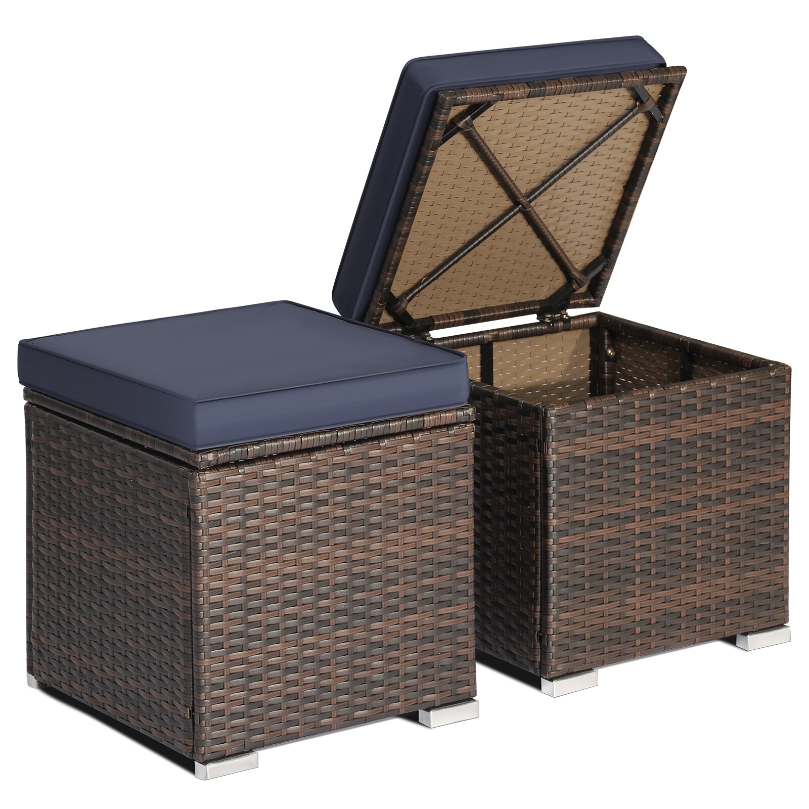 Topbuy 2 Pieces Patio Ottoman Outdoor Wicker Footstool Storage Box Side Table