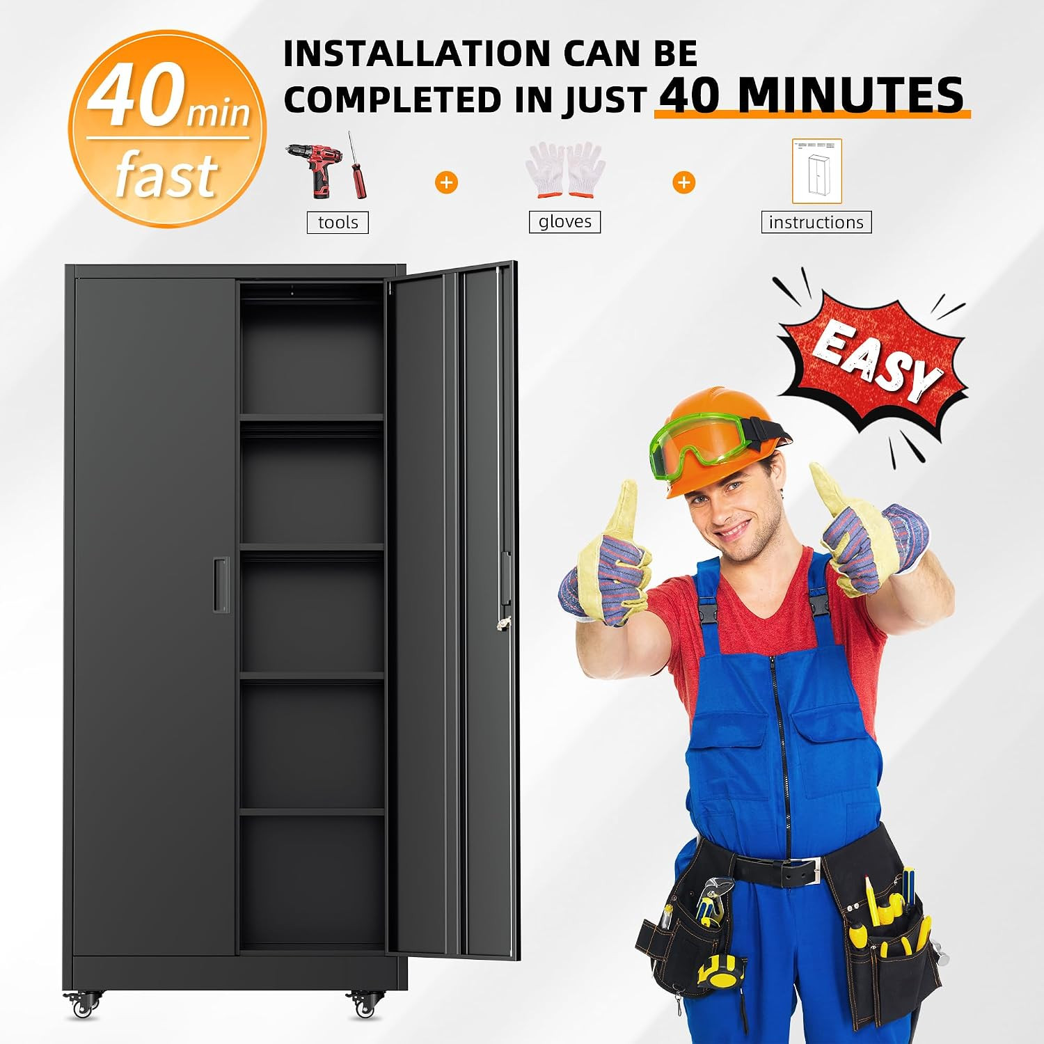 Garage Cabinets with Wheels, 73″ H Metal Locking Cabinet with 2 Doors and 4 Shel