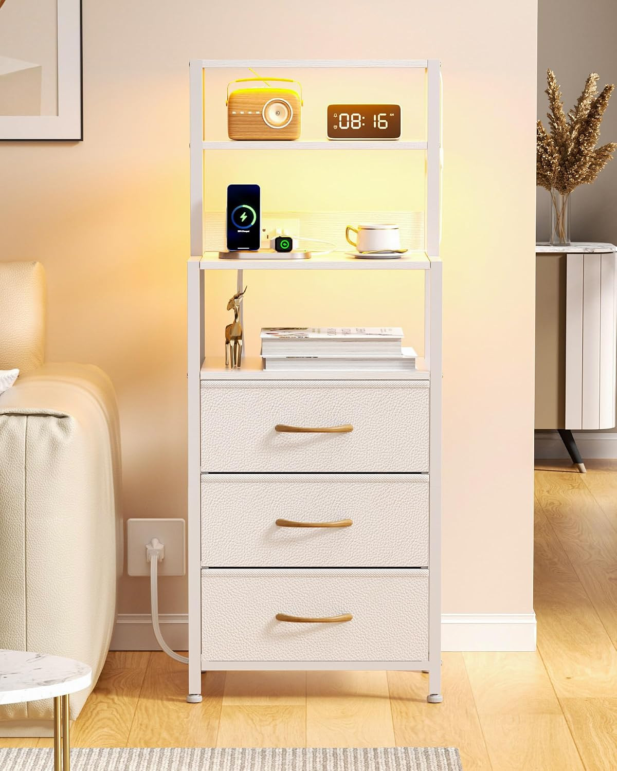 Tall Night Stand, White Bedside Nightstand with Charger Station | 4-Tier