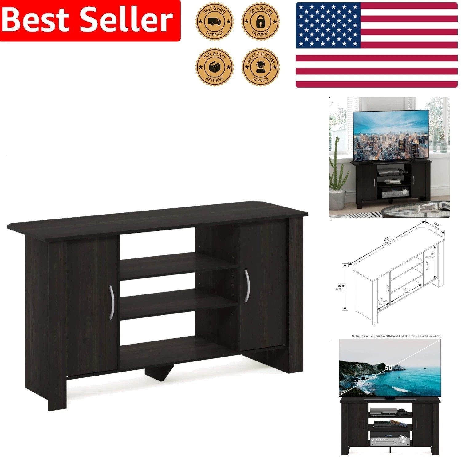 Espresso TV Stand Entertainment Center Wood Storage Cabinet for 46-inch TV