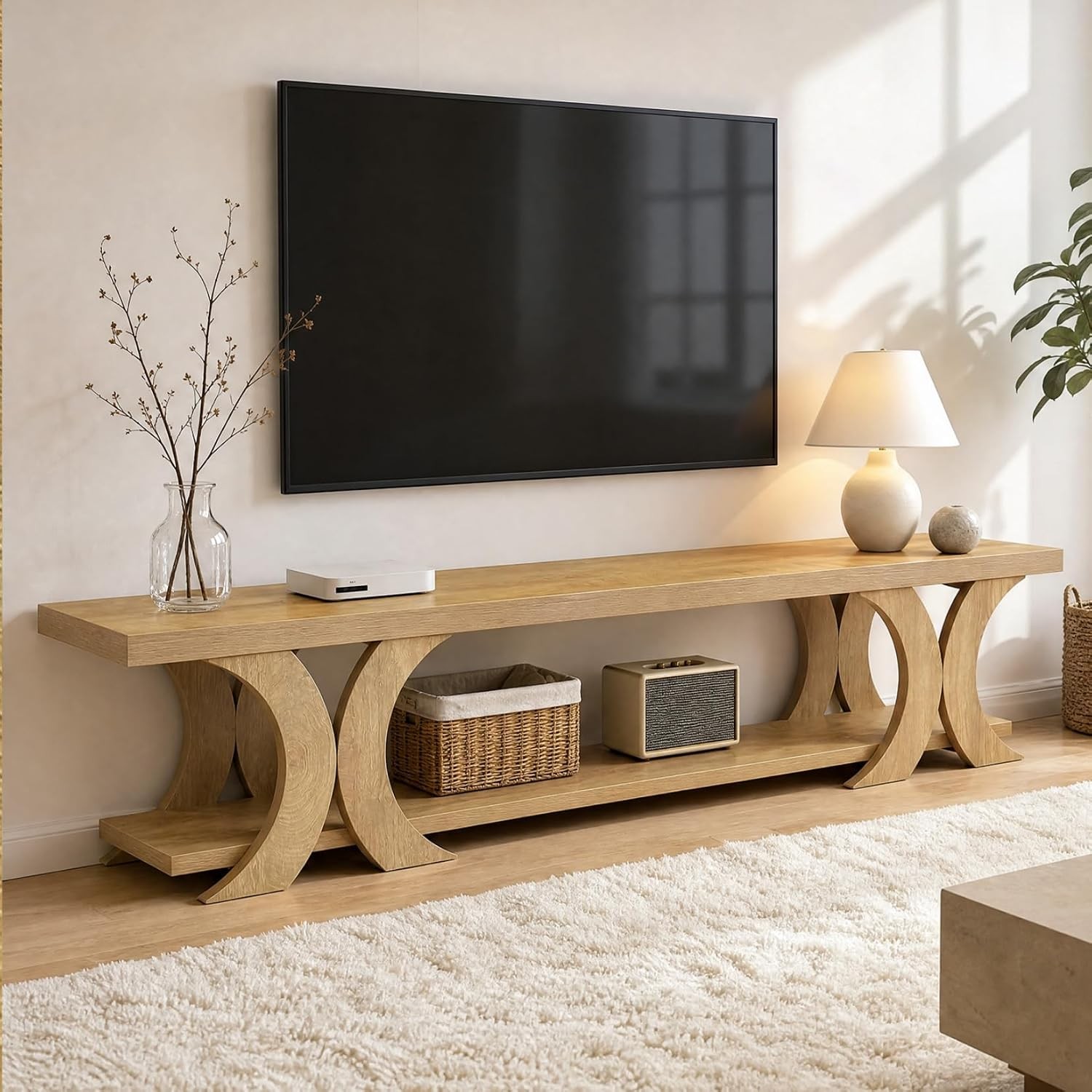 70.87” Modern Wooden TV Stand with Open Storage Shelves for TVs up to 80 Inch