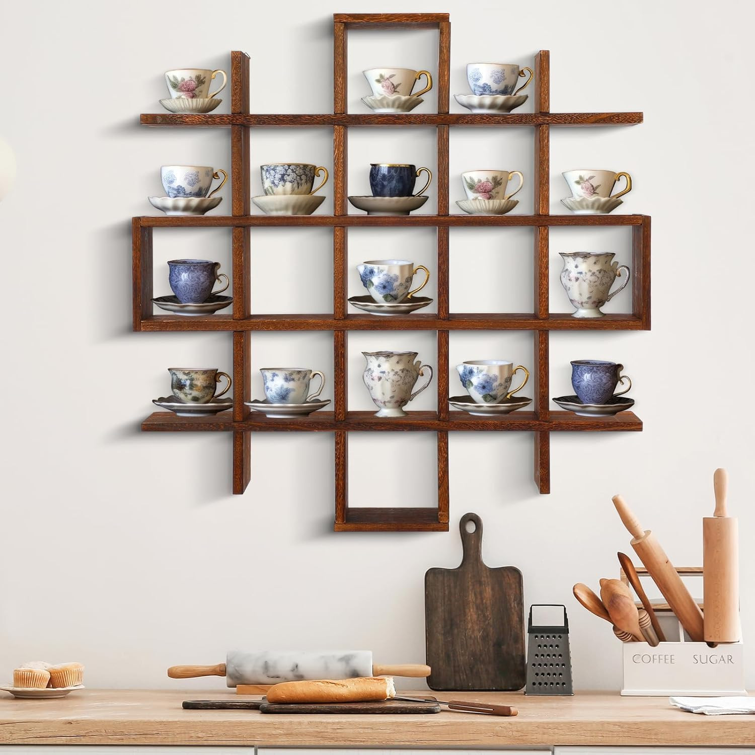 Rustic Wooden Floating Shelf for Oversized Tea Cups and Saucers – Brown