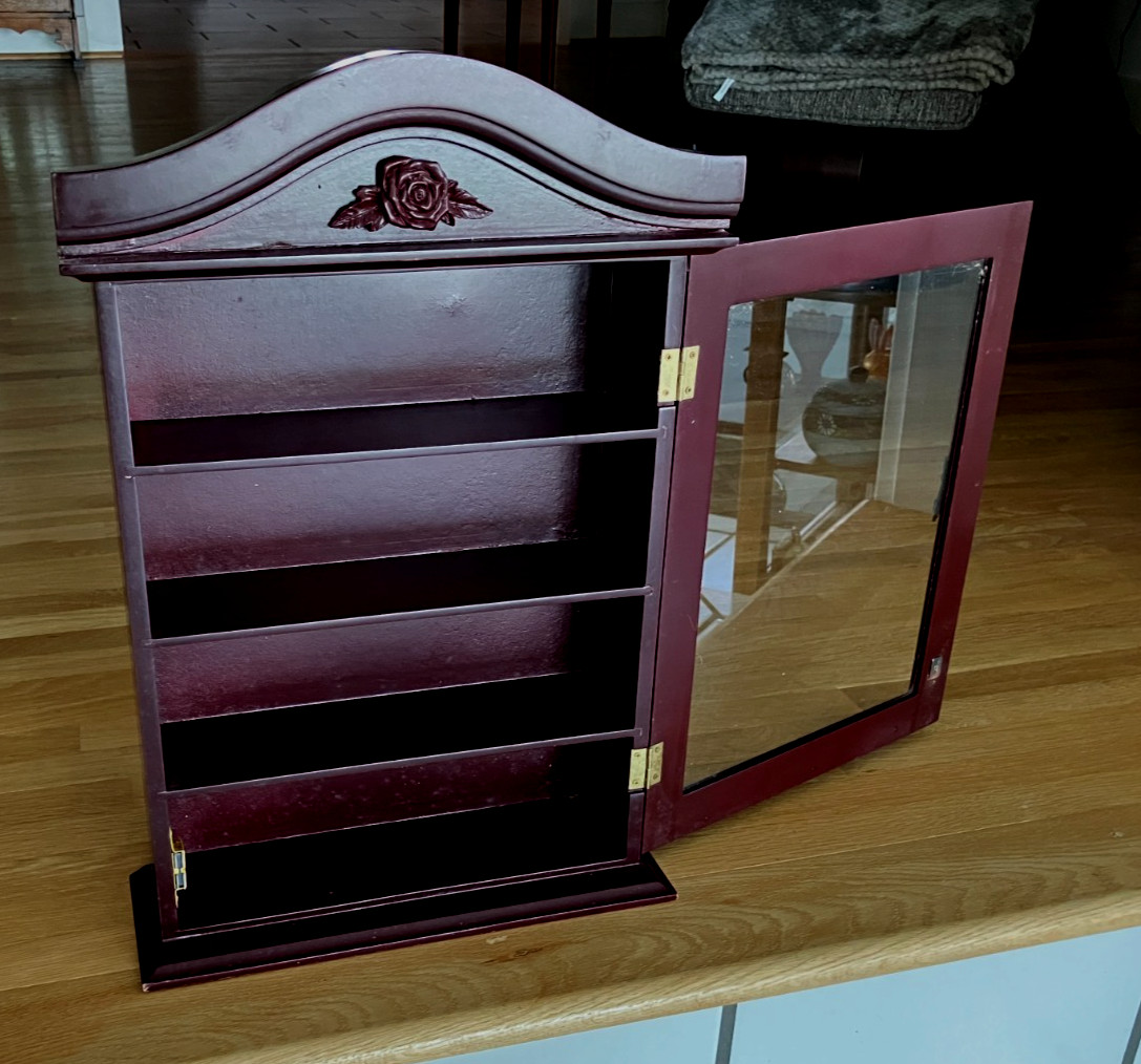 Vintage Dark Wood Glass Door Wall Mounted Curio Display Cabinet Knick Knack