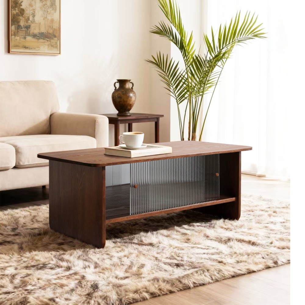 47 in rectangular modern coffee table with glass sliding door storage center