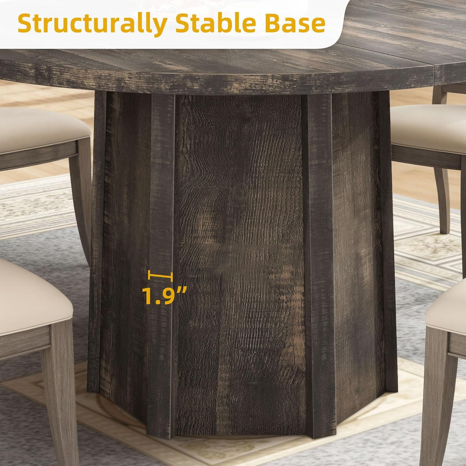 Rustic 47″ Round Farmhouse Dining Table for 4-6 with Unique Hexagonal Base