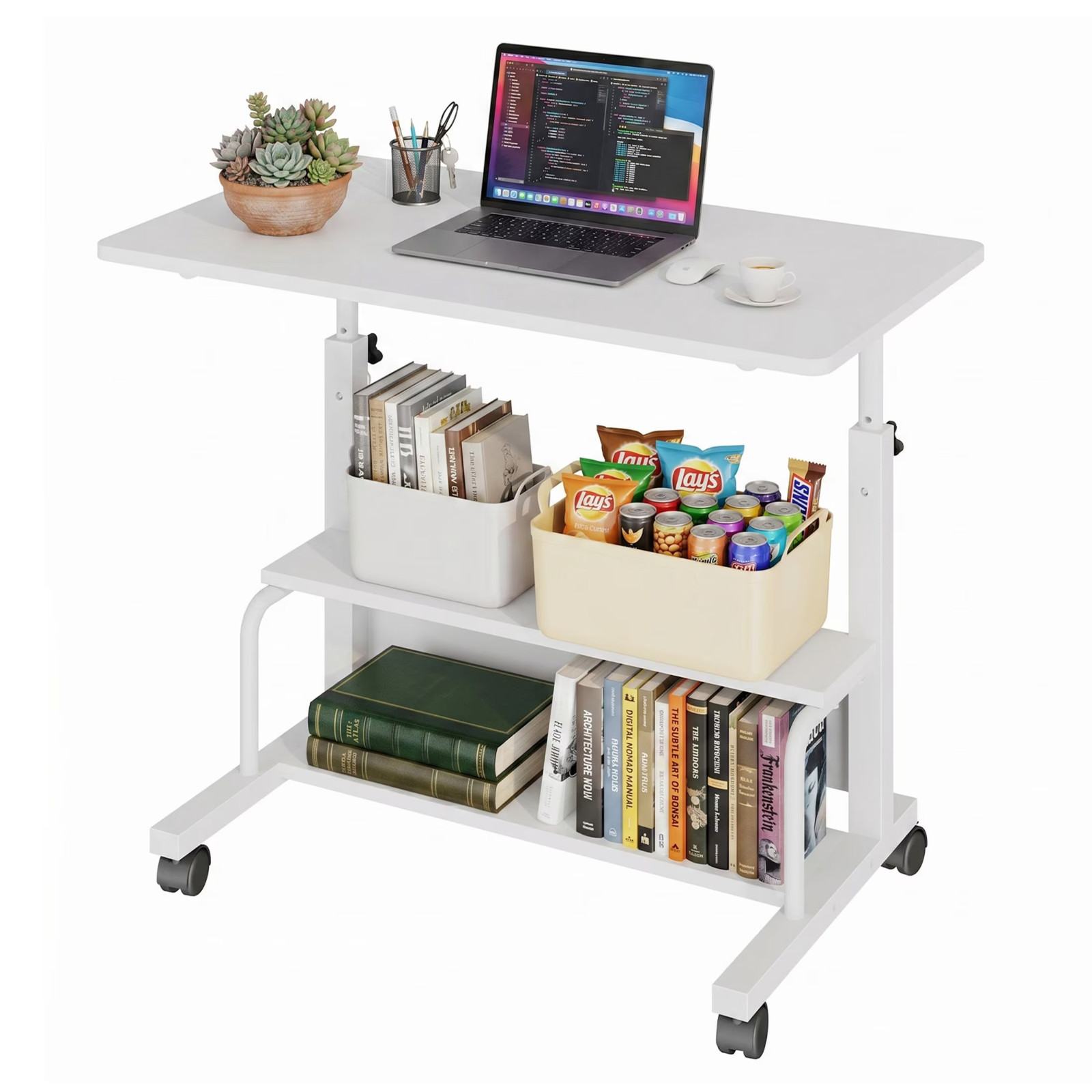 31.5” Adjustable Height Rolling Computer Desk with Storage Shelves, Portable