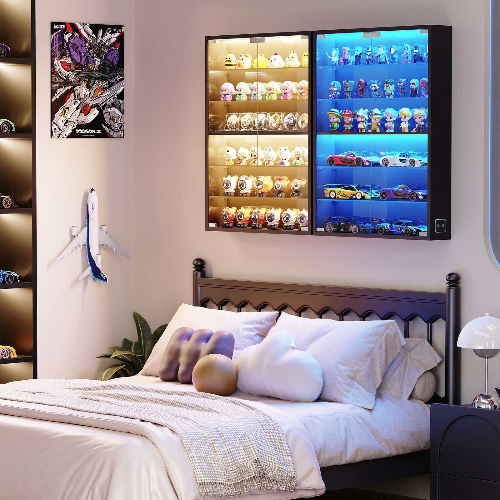 3-Color LED Lighted Display Cabinet, 6-Tier Wall-Mounted Showcase For Colletible