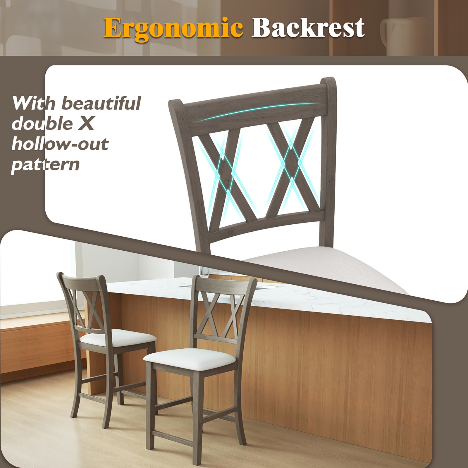 2PCS Bar Stools 24”Counter Height Stools w/ Linen Fabric Upholstered Seat Gray