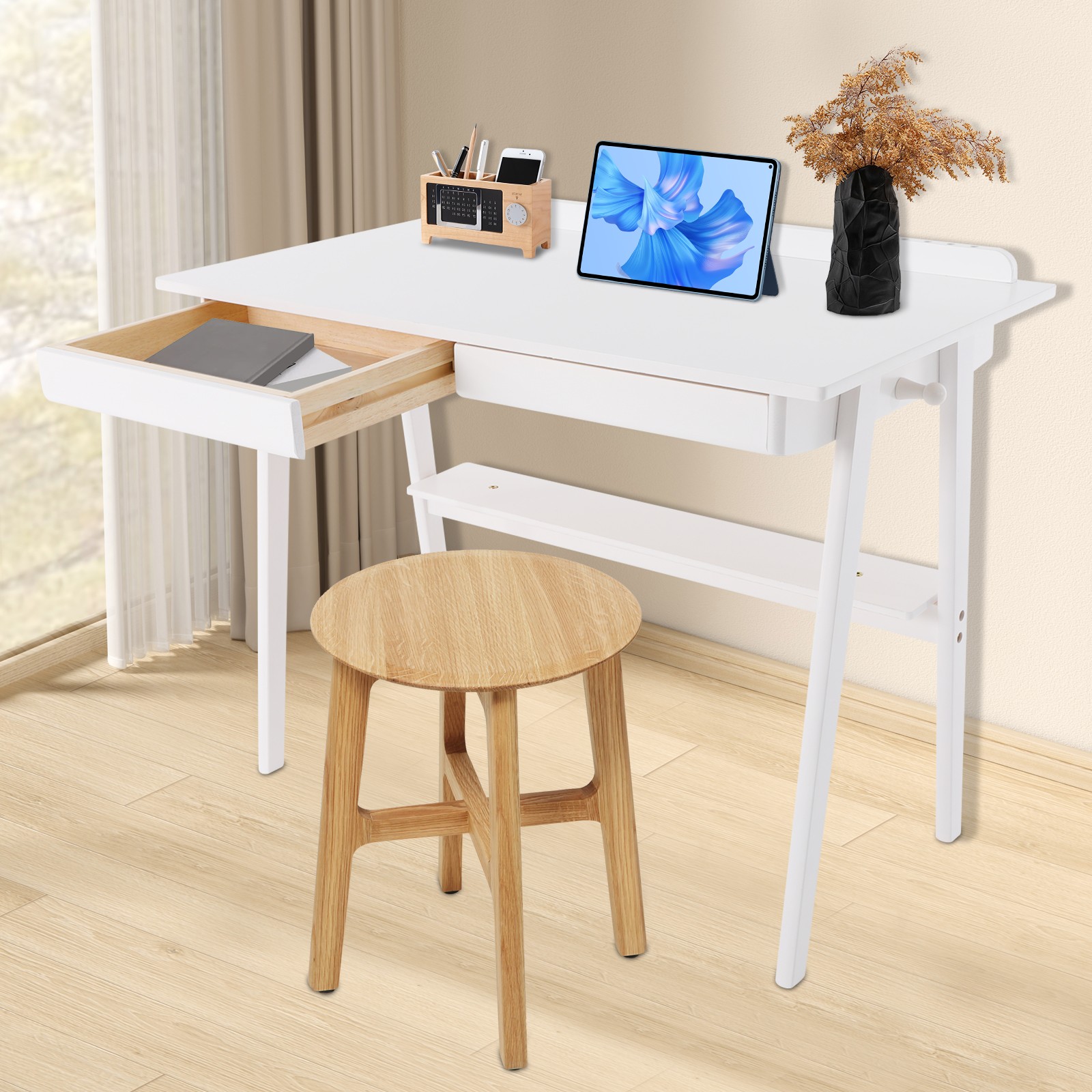 White Folding Desk For Home Office 100x60cm With Storage Shelf And Hooks